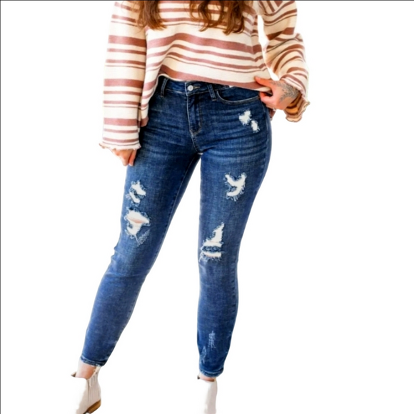 Judy Blue Denim - Judy Blue Jeans Dark Wash Distressed Denim Relaxed Fit Raw Hem Stretch Size 1/25